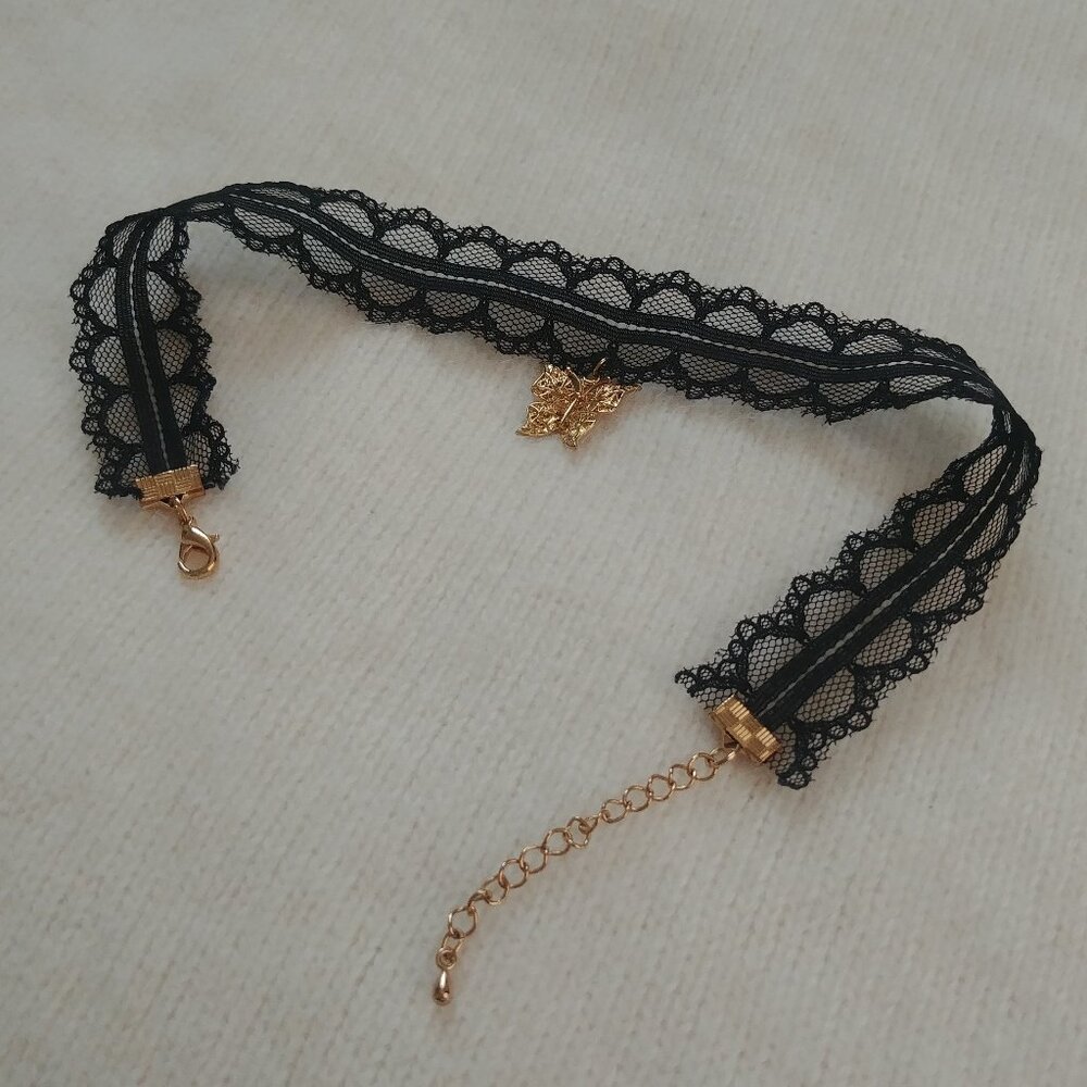 Y2K gold tone butterfly black lace choker style necklace